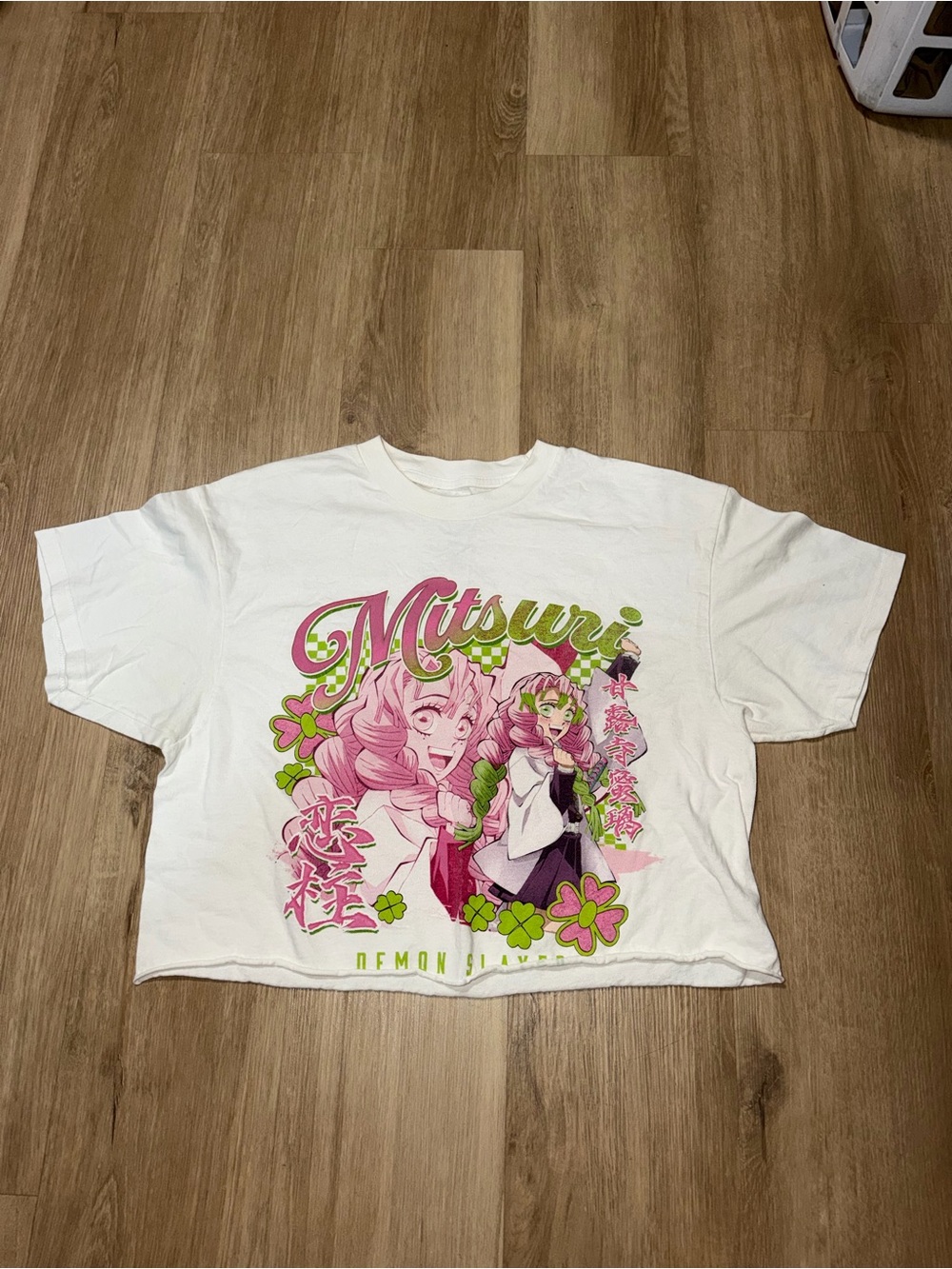 White Mitsuri Graphic Cropped Tee - Pink & Green Anime Print